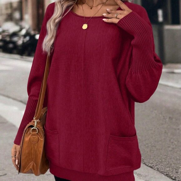 Burgundy Casual Women's Batwing Sleeve Double Pocket Sweater - Picture 4 of 6